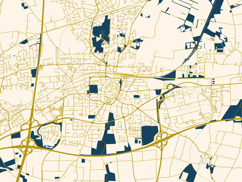 City map of Unna, Germany &ndash; dark red water and warm gold roads