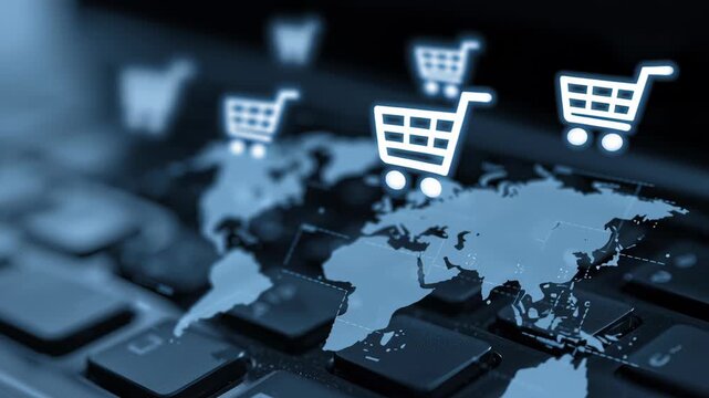 Digital shopping cart value creation keyboard with world map highlights global e commerce technology