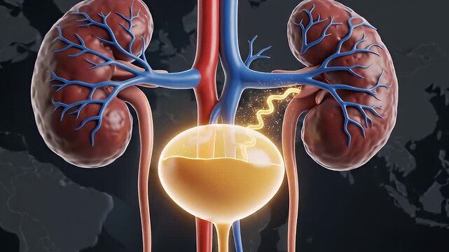Detailed Medical Illustration of Kidney Function and Urinary System.