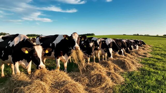 Cows Feeding on Hay in a Green Pasture - A line of black and white Holstein cows are shown eating hay from a long pile in a green pasture. The sky is blue with scattered white clouds.
