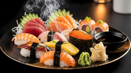 An exquisite platter of assorted Japanese sushi and sashimi, featuring various nigiri, maki rolls, and fresh fish slices, served with wasabi, ginger, and soy sauce, with a hint of steam.