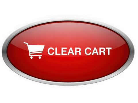Red oval button with clear cart text and shopping cart icon isolated on transparent background
