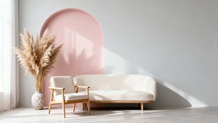 Modern minimalist interior design with pink arch detail, curved sofa, wooden armchair, and pampas grass bouquet