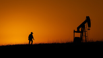 Silhouette of an oil worker walking past a pumpjack at sunset, representing energy production, fossil fuels, and industrial labor in a field.