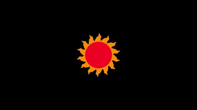 A bold representation of a sun with a bright red circular center and sharp orange rays extending outwards, presented centrally on a solid black background for maximum contrast