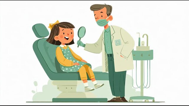 A happy young girl smiling in a dentist's chair while a male dentist holds a mirror for her.