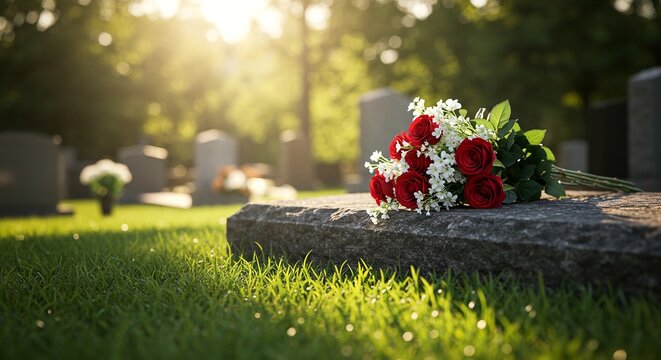 A bouquet of roses and white flowers rests on a gravestone in the serene and green cemetery grounds.
