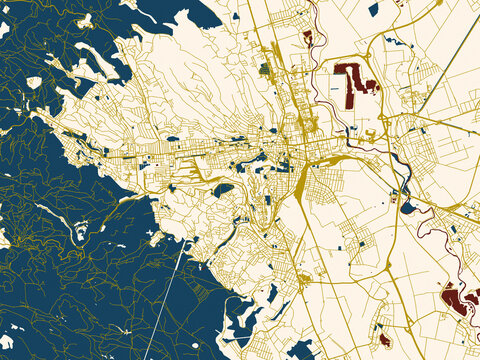 Flat city map of Miskolc, Hungary in cream map with gold lines
