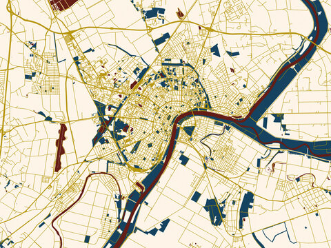 Abstract city map of Szeged, Hungary with midnight red and gold palette