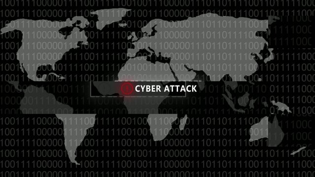 Digital map overlay with binary code pattern and glowing red cyber attack warning label using Generate title without using the word "Title:" before it