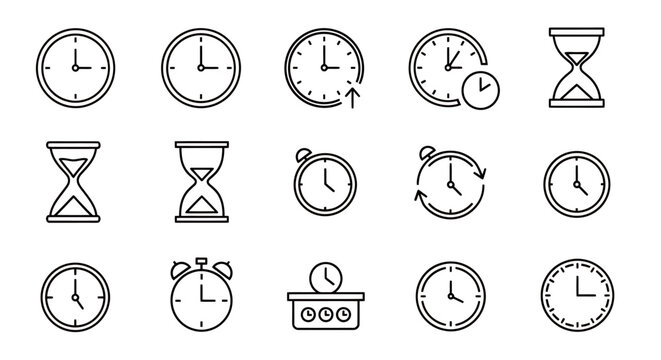 Set of various hand-drawn clock and timer icons representing time and countdown concepts.
