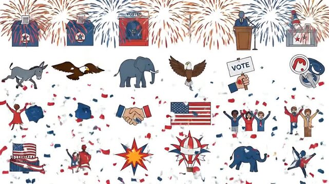 American Election Day Pixel Art Icons Collection Vote Ballots Megaphone Elephant Eagle USA Flag
