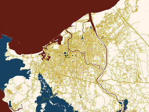 Modern graphic street map of Banda Aceh, Indonesia, with warm gold street grid over a cream background with bold deep-red water areas