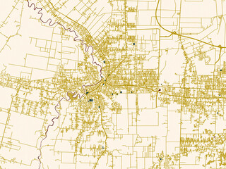 Obraz premium Urban map of Binjai, Indonesia in a flat palette: minimal ivory map base with golden roads and dark red water bodies in a modern flat style