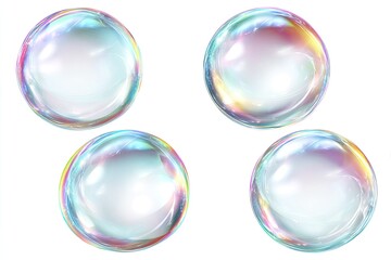 Four iridescent soap bubbles float against a white background