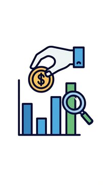 Analyzing Financial Growth With Coin Magnifying Glass and Bar Chart