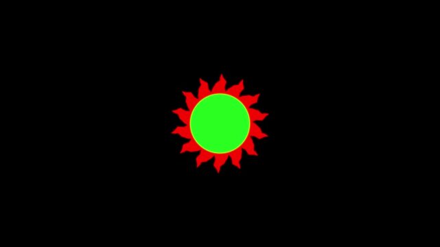 A striking abstract sun symbol featuring a vibrant green circular core surrounded by sharp, pointed red rays, set against a deep black background for contrast and visual impact