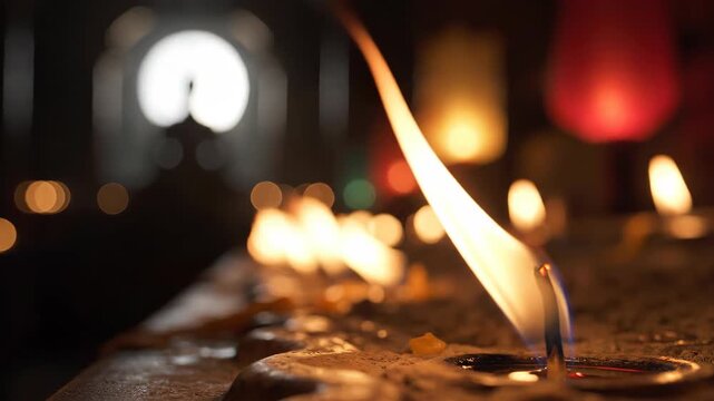 Focusing on a single spiritual flame, this dramatic close-up shows a row of oil lamps burning brightly, casting a warm, golden glow in a dark temple.