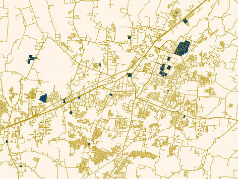 Urban map of Jember, Indonesia in a flat palette: deep-red water with clean ivory streets and warm gold road lines on a soft cream background