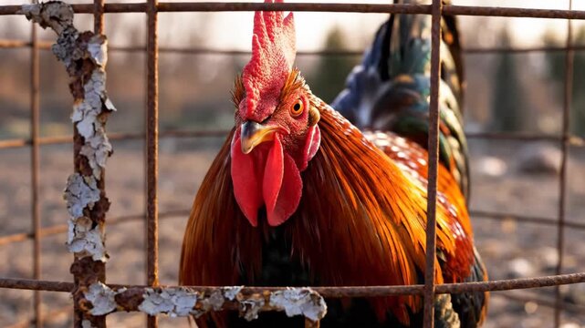 Rooster Portrait in Cage - A vibrant rooster with red comb and golden feathers is seen through the bars of a rusty wire cage.