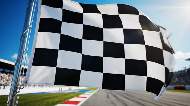 Checkered Flag Waving at Racetrack - A checkered flag waves in the wind at a racetrack on a clear day.
