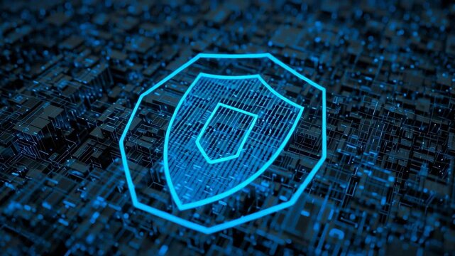 Digital creation of glowing shield symbol represents value security technology concept circuit board