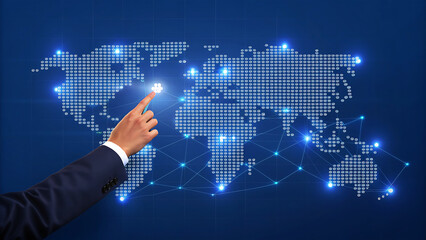 a hand pointing at a digital world map with glowing connections