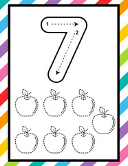 Number 7 Tracing, Counting and Coloring Worksheet for Preschool and Kindergarten Kids