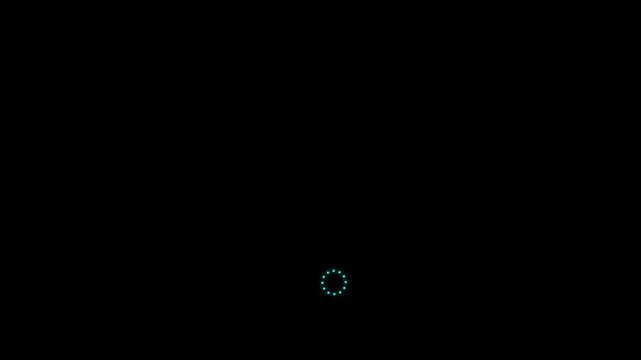 A circular formation of small cyan dots arranged in a geometric pattern against a deep black background, resembling a digital loading or a futuristic technological interface Keywords: cyan dots