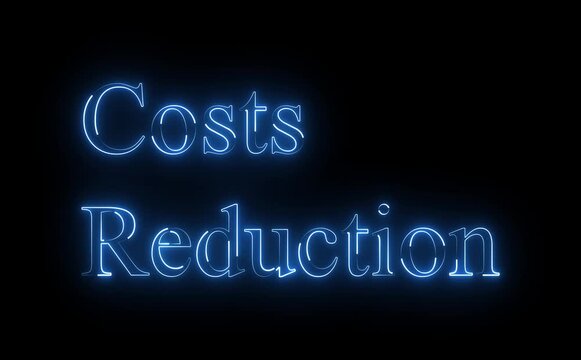 Neon costs reduction text icon glows, letters animate with downward pulse and flicker, modern finance tech style, dark background, clean loop, futuristic efficiency motion visuals.
