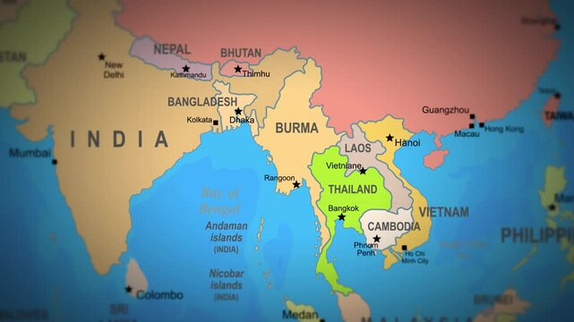 Animated illustrated map showing Thailand and surroundings