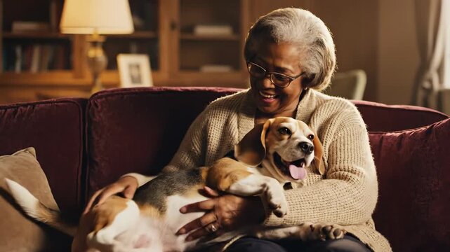 Senior Woman Cuddling with Her Beagle - A cheerful older woman with glasses is sitting on a burgundy couch, holding and petting her beagle dog.