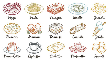 Assorted Italian Cuisine Illustrations Featuring Pasta, Pizza, and Desserts