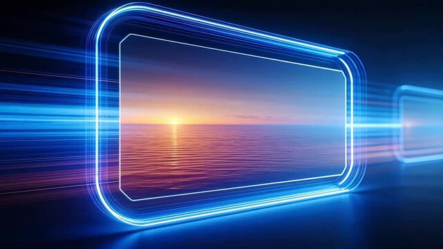 Futuristic interface frame with colorful light streaks in dark space