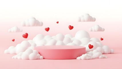 Whimsical pink podium with fluffy clouds and red hearts