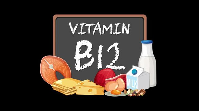 Vitamin B12 Rich Foods Arranged Around Chalkboard on Black Background