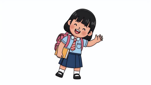 Animated School Girl With Backpack Waves Hello In Uniform