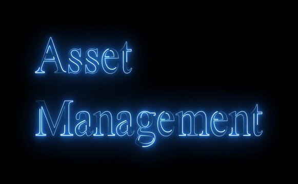 Neon asset management text icon glows steadily, letters animate with smooth pulse and flicker, modern finance tech style, dark background, clean loop, futuristic control visuals.
