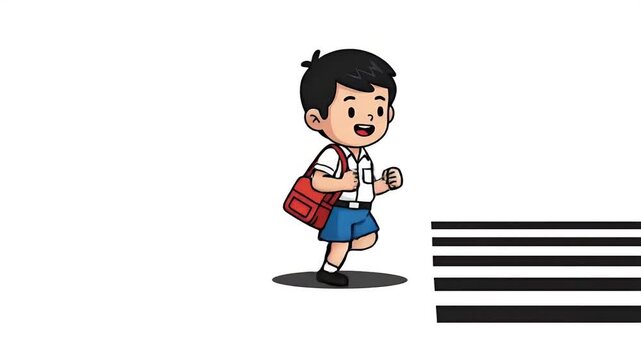 Animated Schoolboy Running Across Pedestrian Crossing Isolated White Background Footage