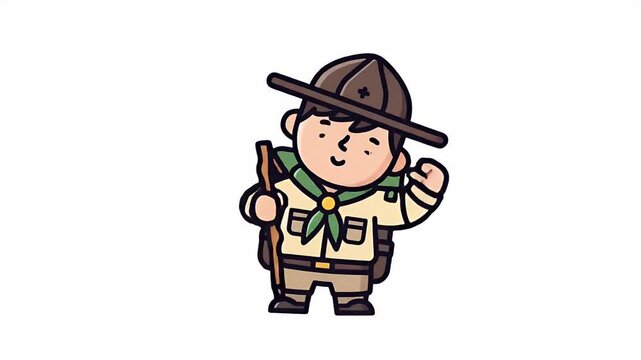 Animated Scout Boy Waving Holding Stick Cartoon Style