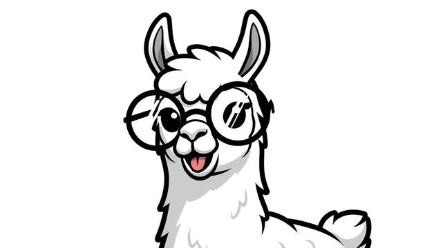 Animated White Llama Wearing Round Glasses and Sticking Out Tongue
