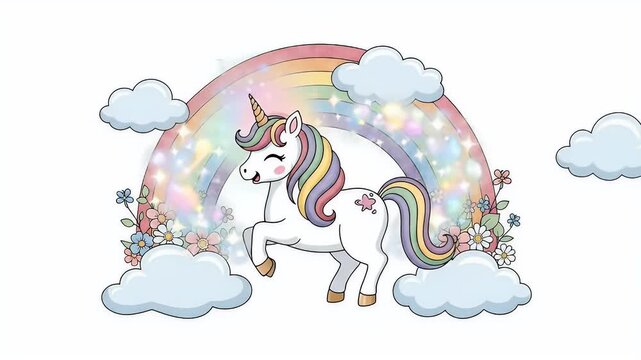 Animated Unicorn and Rainbow with Flowers and Clouds