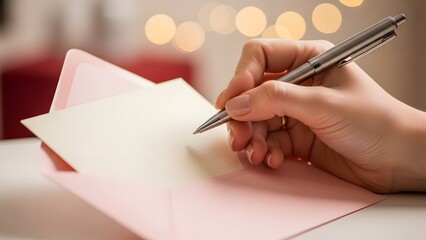 Hand Writing Message on Blank Card with Pen, Love Letter and Valentine Greeting Concept