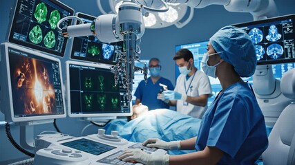 Robotic Surgery in Progress - In a modern operating room, surgeons and a medical robot collaborate on a surgical procedure. Monitors display medical scans as a surgical technician controls the robot. - Powered by Adobe