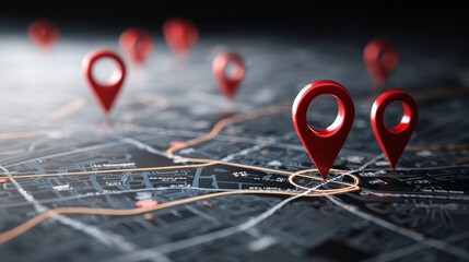 Detailed gps navigation map with highlighted routes, glowing location pins, and connected network paths on an urban street map, illustrating real-time tracking, digital routing, and modern transportat