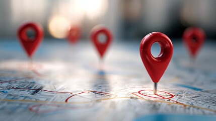 Detailed gps navigation map with highlighted routes, glowing location pins, and connected network paths on an urban street map, illustrating real-time tracking, digital routing, and modern transportat