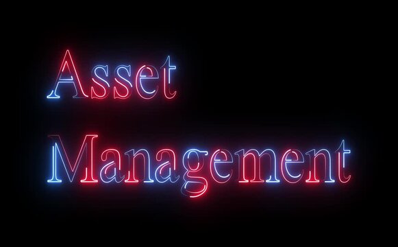 Neon asset management text icon glows steadily, letters animate with smooth pulse and flicker, modern finance tech style, dark background, clean loop, futuristic control visuals.
