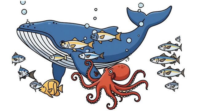 Animation of Blue Whale Swimming with Schools of Fish and Octopus