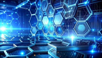 Futuristic blue hexagonal grid with glowing lights representing advanced technology and data networks, creating a dynamic digital background.