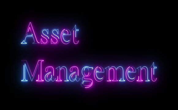Neon asset management text icon glows steadily, letters animate with smooth pulse and flicker, modern finance tech style, dark background, clean loop, futuristic control visuals.

